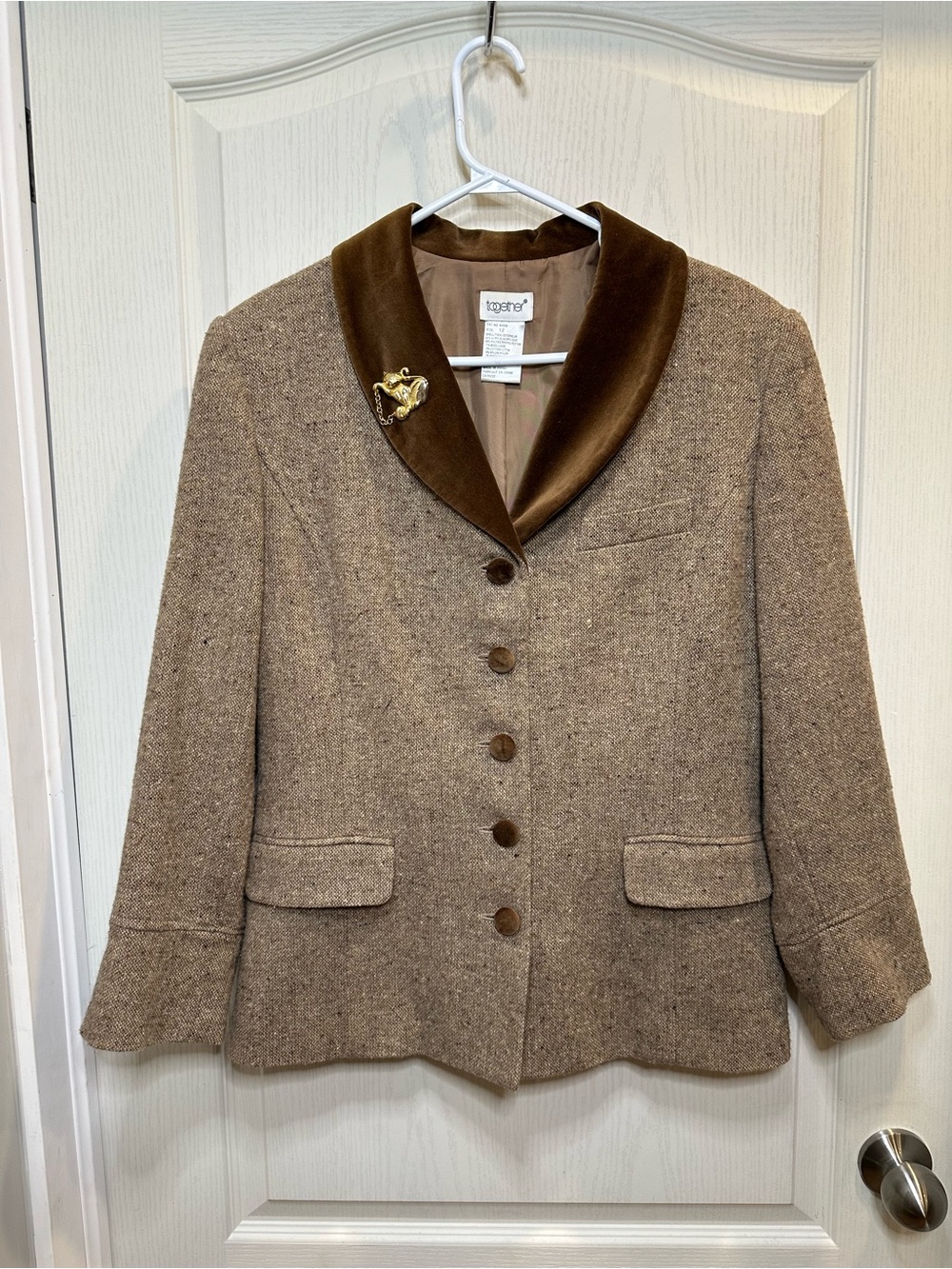 Vintage Together Brown Tweed Blazer Jacket Velvet Shawl Collar Pleated Back Sz 1